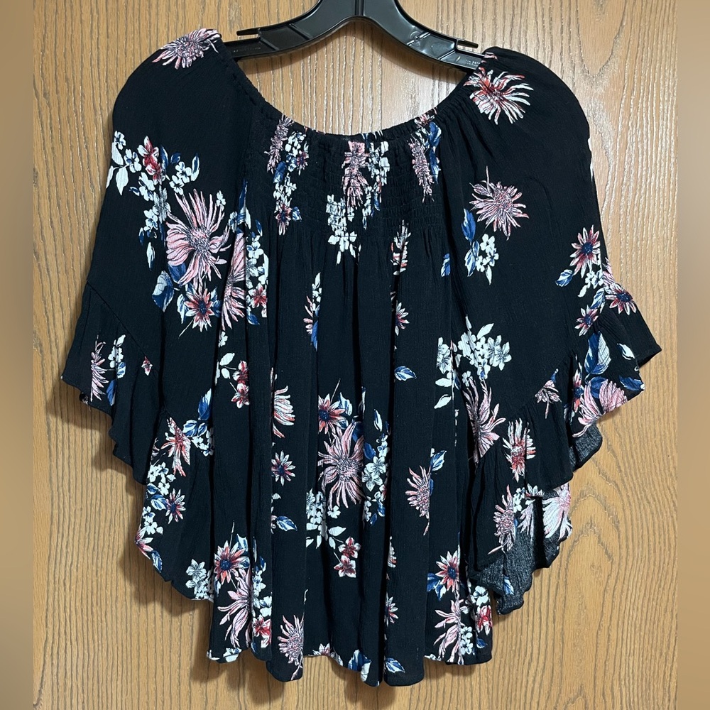 EUC Black Floral Top with Flowy Sleeves